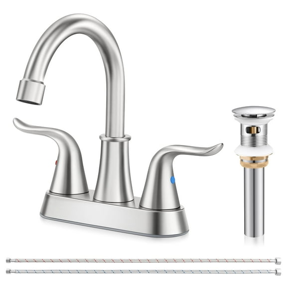 Joyfair 2-Handle Centerset Bathroom Sink Faucets, Lead-Free Stainless Steel Bathroom Faucet Monomando Brush Nickel with Pop-Up Drain 2 Water Supply Hoses for 3 Hole Sink, Close Faucet Bathroom Set