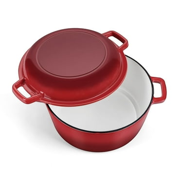 Coliware 2 in 1 Enameled Cast Iron Dutch Oven, Pot 5QT Lid 2 QT- Big Dual Handles - Classic Round Cast Iron Pot for Versatile Cooking - Red