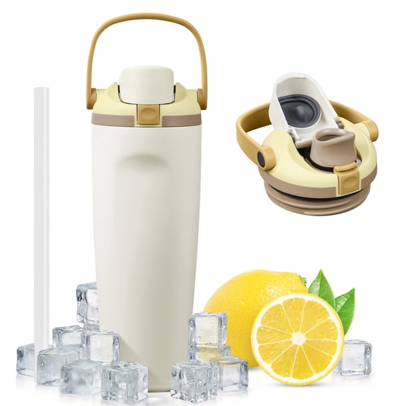 Coliware 30OZ Insulated Water Bottle with Dual Sip Lid, Vacuum-Sealed Stainless Steel Tumbler with Handle Straw, Leakproof & Cup Holder Friendly for Travel, Gym, Office - Cream Tan