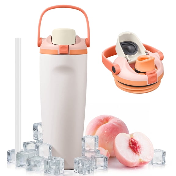 Coliware 30OZ Insulated Water Bottle with Dual Sip Lid, Vacuum-Sealed Stainless Steel Tumbler with Handle Straw, Leakproof & Cup Holder Friendly for Travel, Gym, Office - Blush Coral