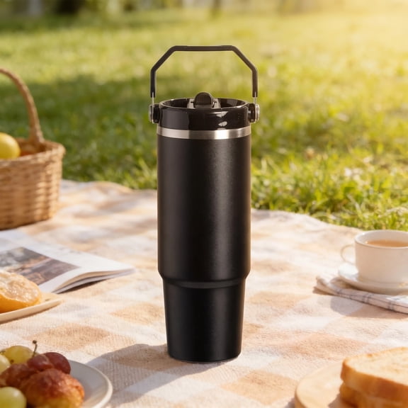 Coliware 30OZ Tumbler with Straw, Insulated Stainless Steel Water Bottle with Handle Flip Straw Lid, Leak-Proof Travel Mug for Travel, Gym, Office, Car Holder Friendly Cup - Black