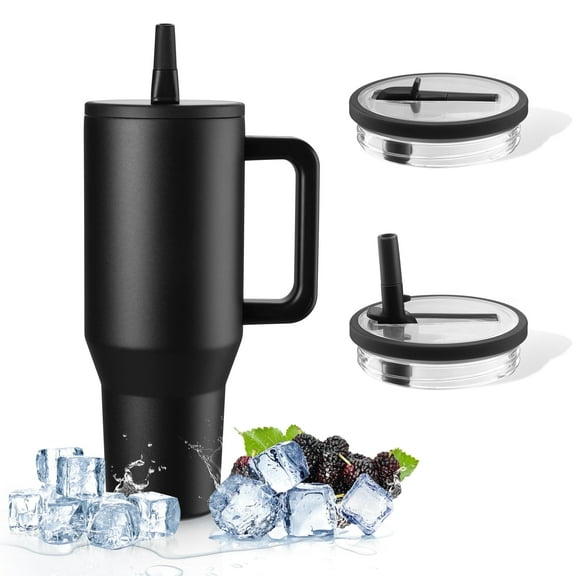 Coliware 40oz Black Large Vacuum-Insulated Tumbler with Lid, Reusable Stainless Steel Water Bottle with Handle Flip Straw Rubber Base, Leak Resistant Travel Coffee Mug for Home Office Gym