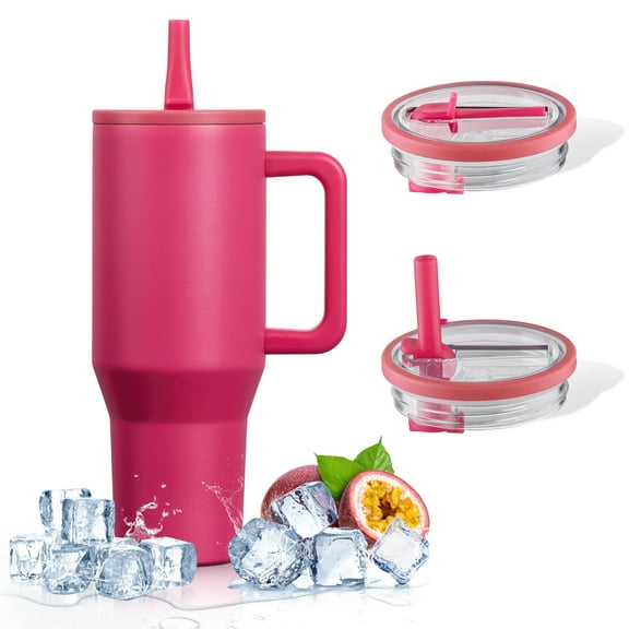 Coliware 40oz Fuchsia Large Vacuum-Insulated Tumbler with Lid, Reusable Stainless Steel Water Bottle with Handle Flip Straw Rubber Base, Leak Resistant Travel Coffee Mug for Home Office Gym