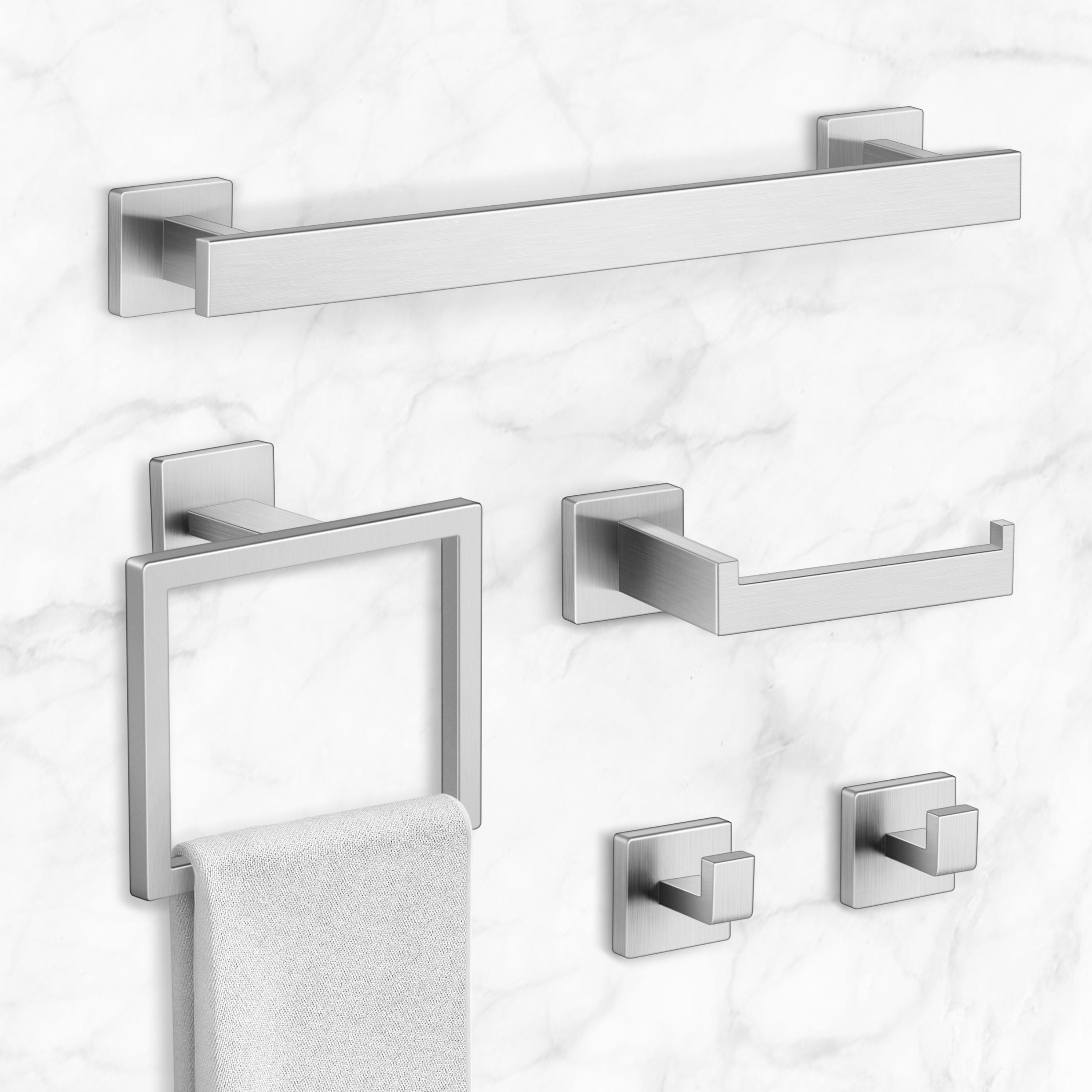 Coliware 5 Pieces Bathroom Hardware Set, Wall Mounted Stainless Steel Bathroom Accessories Kit Includes Towel Bar, Toilet Paper Holder, Towel Ring, Robe Hooks, Bathroom Towel Bar Holder Sets