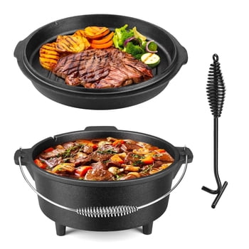 Coliware 5 QT Cast Iron Dutch Oven, 2 In 1 Pre-Seasoned Camping Pot with Reversible Lid and Lid Lifter Handle, Multifunctional Cookware Pot for Camping Cooking BBQ Baking