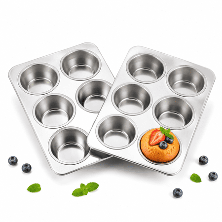 Coliware 6-Cup Muffin Pan Set of 2, Stainless Steel Cupcake Tins with 12 Cupcake Liners, Regular Size Nonstick Cake Tray Set, Easy-Release Baking Cookware for Oven, Dishwasher Safe