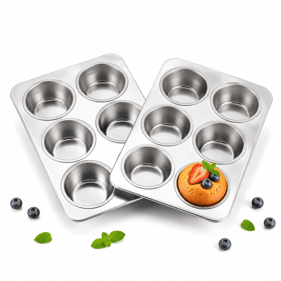 Coliware 6-Cup Muffin Pan Set of 2, Stainless Steel Cupcake Tins with 12 Cupcake Liners, Regular Size Nonstick Cake Tray Set, Easy-Release Baking Cookware for Oven, Dishwasher Safe