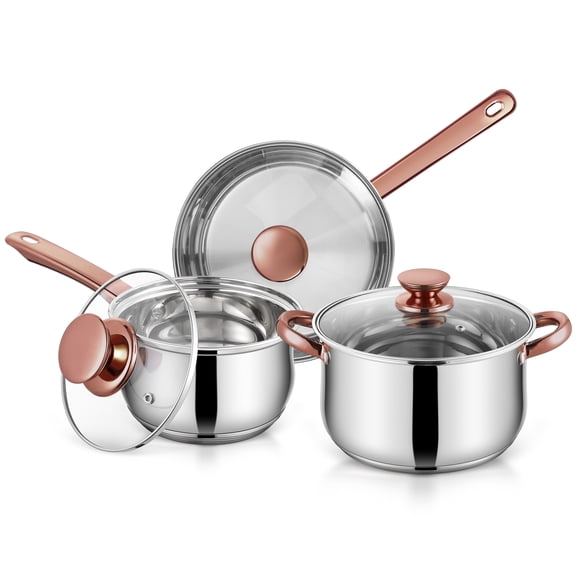 Coliware 6-Piece Rose Gold Pots and Pans Set, Stainless Steel Cookware Sets with Stock Pots Saucepans Frying Pans, Non-Stick Commercial Cooking Set Compatible with All Stovetops, Dishwasher Safe