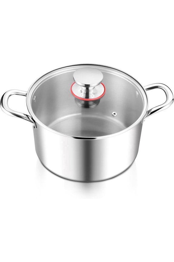 6 QT Stainless Steel Stock Pot with Glass Lid , Cooking Soup Pot with 3-Ply Whole Clad for Home and Restaurant, Induction Cookware & Dishwasher Safe