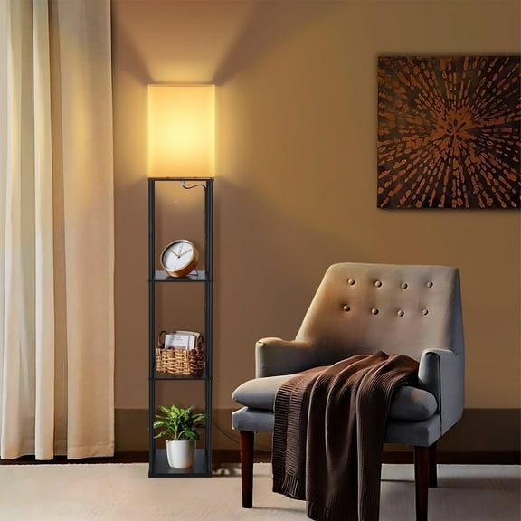 Coliware 63" Black Floor Lamp with Shelves, 3-Tier Wood Modern Standing Lamp with 3 Adjustable Color Temperature, Corner Display Bookshelf for Living Room Bedroom, LED Bulb Included