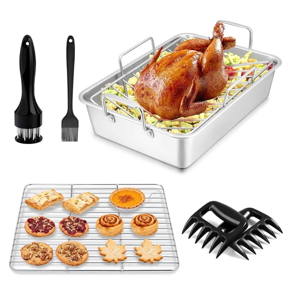 Coliware 7 PCS Roasting Pan with Rack, Large Turkey Roaster Set, Stainless Steel Deep Lasagna Bakeware, Heavy - Duty & Dishwasher Safe Food Serving Pan