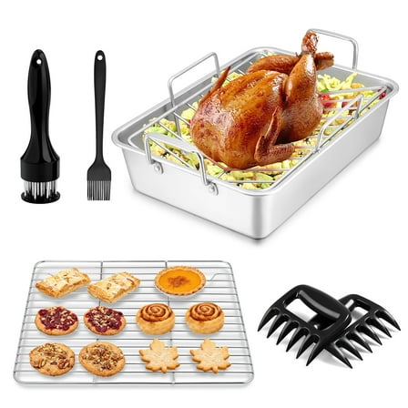Coliware 7 PCS Roasting Pan with Rack, Large Turkey Roaster Set, Stainless Steel Deep Lasagna Bakeware, Heavy - Duty & Dishwasher Safe Food Serving Pan