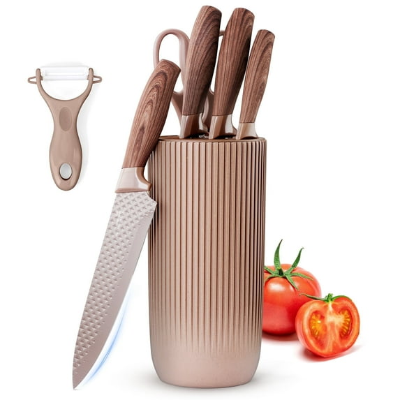 Coliware 7-Piece Knife Set, Stainless Steel Brown Professional Kitchen Knife Set for Chef, Super Sharp Knife Set with Universal Knife Block for Home Restaurant