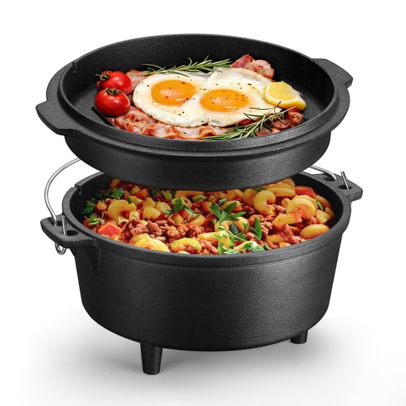 Coliware 7 QT Cast Iron Dutch Oven, 2 In 1 Pre-Seasoned Camping Po with Reversible Lid, Multifunctional Cookware Pot for Camping Cooking BBQ Baking