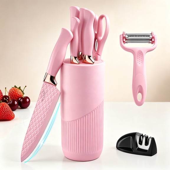 Coliware 9-Piece Kitchen Knife Set with Block, Ultra Sharp Stainless Steel Chef Knives with Non-Stick Coating Ergonomic Handle, Perfect Kitchen Home Gifts, Space-Saving & Dishwasher Safe-Pink