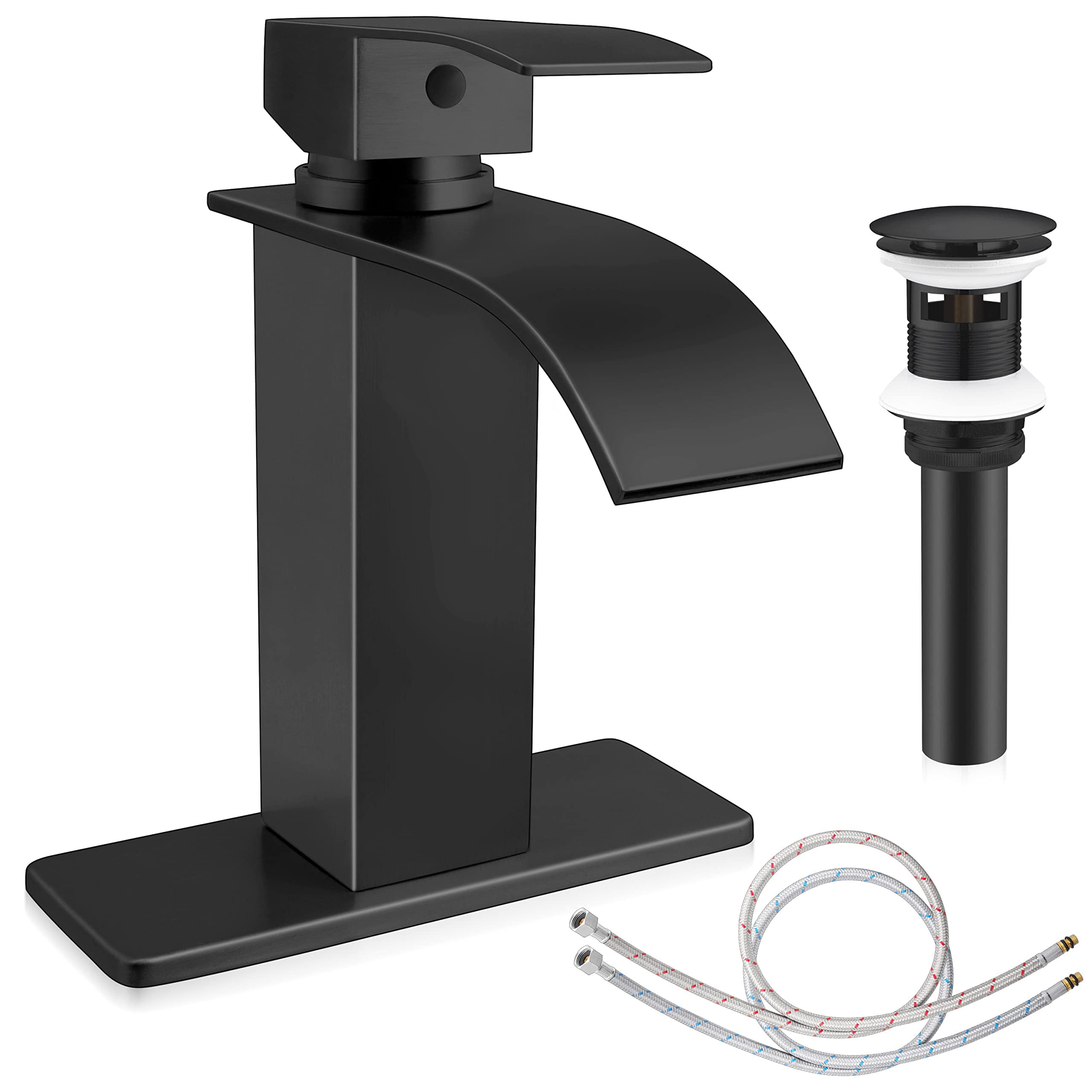 Coliware Black Waterfall Bathroom Sink Faucet with Pop Up Drain, Bathroom Faucets for Sink 1 or