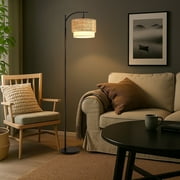 Joyfair Boho Floor Lamp for Living Room, Rattan Standing Lamp with Double Drum Shade, Dimmable Farmhouse Floor Lamp for Bedroom, 3 Color Temperatures Bulb Included