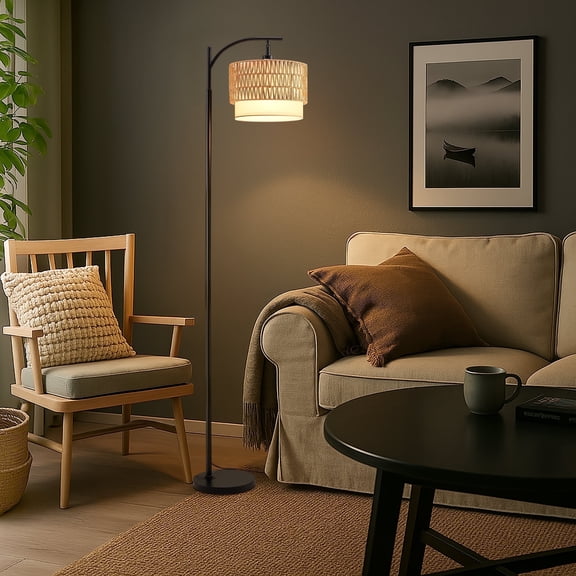 Coliware Boho Floor Lamp for Living Room, Rattan Standing Lamp with Double Drum Shade, Dimmable Farmhouse Floor Lamp for Bedroom, 3 Color Temperatures Bulb Included