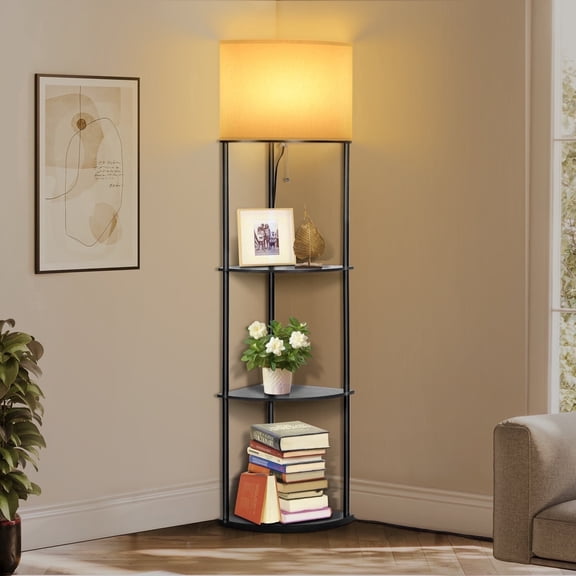 Coliware Floor Lamp with Shelves, 3-Tier Wood Modern Standing Lamp with 3 Color Temperature Bulb White Shade, Corner Display Standing Lamp for Living Room Bedroom