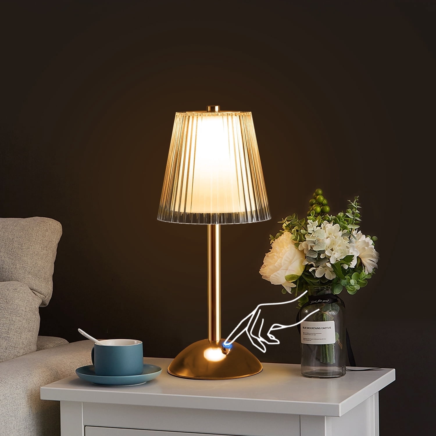 Coliware Crystal Table Lamp, Rechargeable Battery Operated Lamp with 3 Color Temperatures, Portable LED Wireless Touch Lamp, Gold Bedside Lamp for Bedroom Living Room Kitchen, Bulb Included