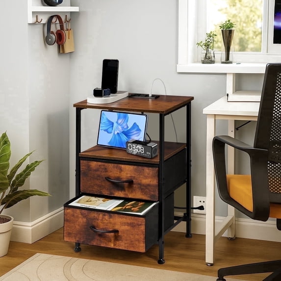 Coliware File Cabinet with Charging Station, Wood Printer Stand with Drawer Storage Shelves, Filing Organization Fits A4 Letter Size, Home Office Furniture for Under Desk Storage - Rustic Brown
