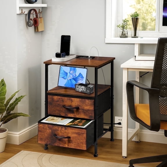 Coliware File Cabinet with Charging Station, Wood Printer Stand with Drawer Storage Shelves, Filing Organization Fits A4 Letter Size, Home Office Furniture for Under Desk Storage - Rustic Brown