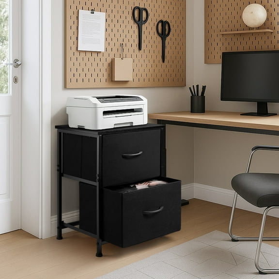 Coliware File Cabinet, Modern Wood Filing Organizer Table with Fabric Drawer, Desk Table Cabinet Fits A4 Letter Size, Home Office Furniture for Under Desk Storage, Black Printer Stand Table