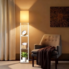 Coliware Floor Lamp with Shelves, 3-Tier White Modern Standing Lamp with 3 Color Temperature White Shade, Corner Display Wood Standing Lamp for Living Room Bedroom