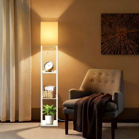 Coliware Floor Lamp with Shelves, 3-Tier White Modern Standing Lamp with 3 Color Temperature White Linen Shade, Corner Display Wood Standing Lamp for Living Room Bedroom