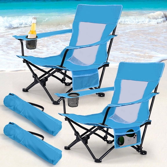 Coliware Folding Backpack Beach Chair Set of 2, Blue Compact Lightweight Camping Chair with Carry Bag Cup Holder, Outdoor Reclining Low-Profile Travel Chair for Adults Clearance, Heavy-Duty