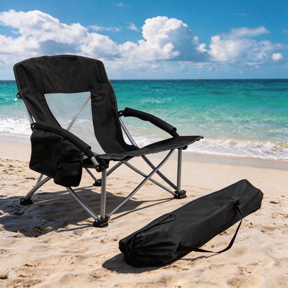 Coliware Folding Low Beach Chair, Portable Camping Chair with Side Cup Holder & Storage Space, Lightweight Heavy Duty Camping Chair for Adults, Carry Bag for Outdoor, Black