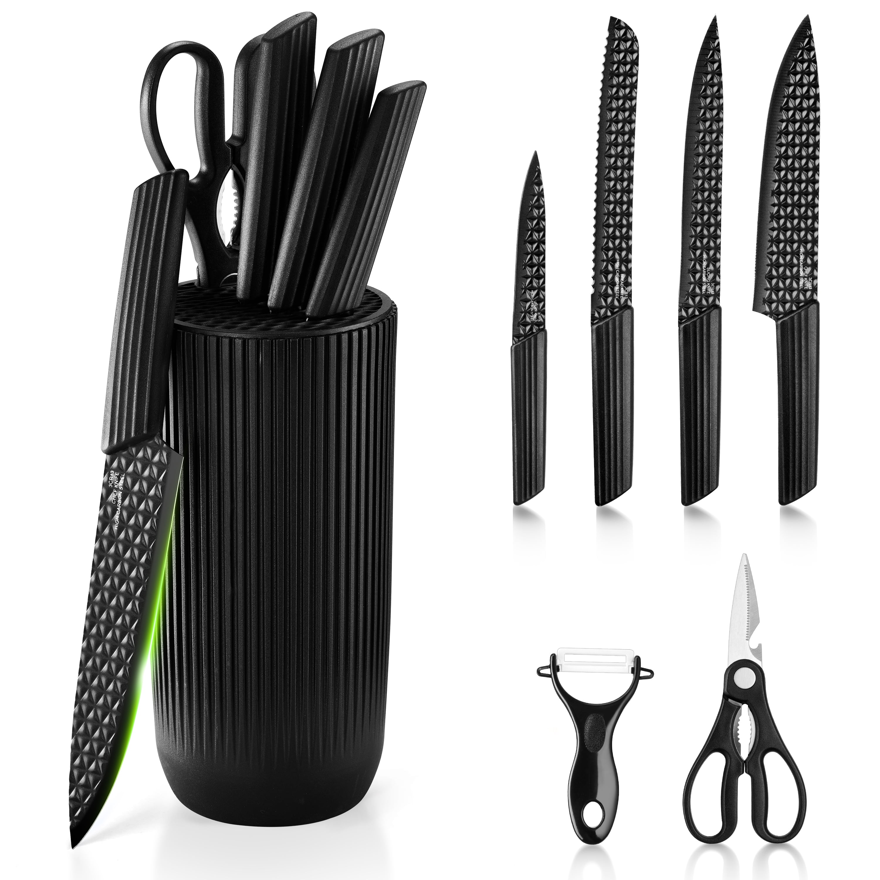 Coliware Kitchen Knife Set, 7 Pcs Stainless Steel Black Knives Block ...