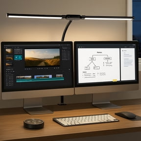 Coliware LED Desk Lamp for Office Home, Eye Caring Architect Lamp with Clamp Flexible Gooseneck, Double Head Computer Monitor Table Light with 3 Lighting Modes, Adjustable Work Study Accessories