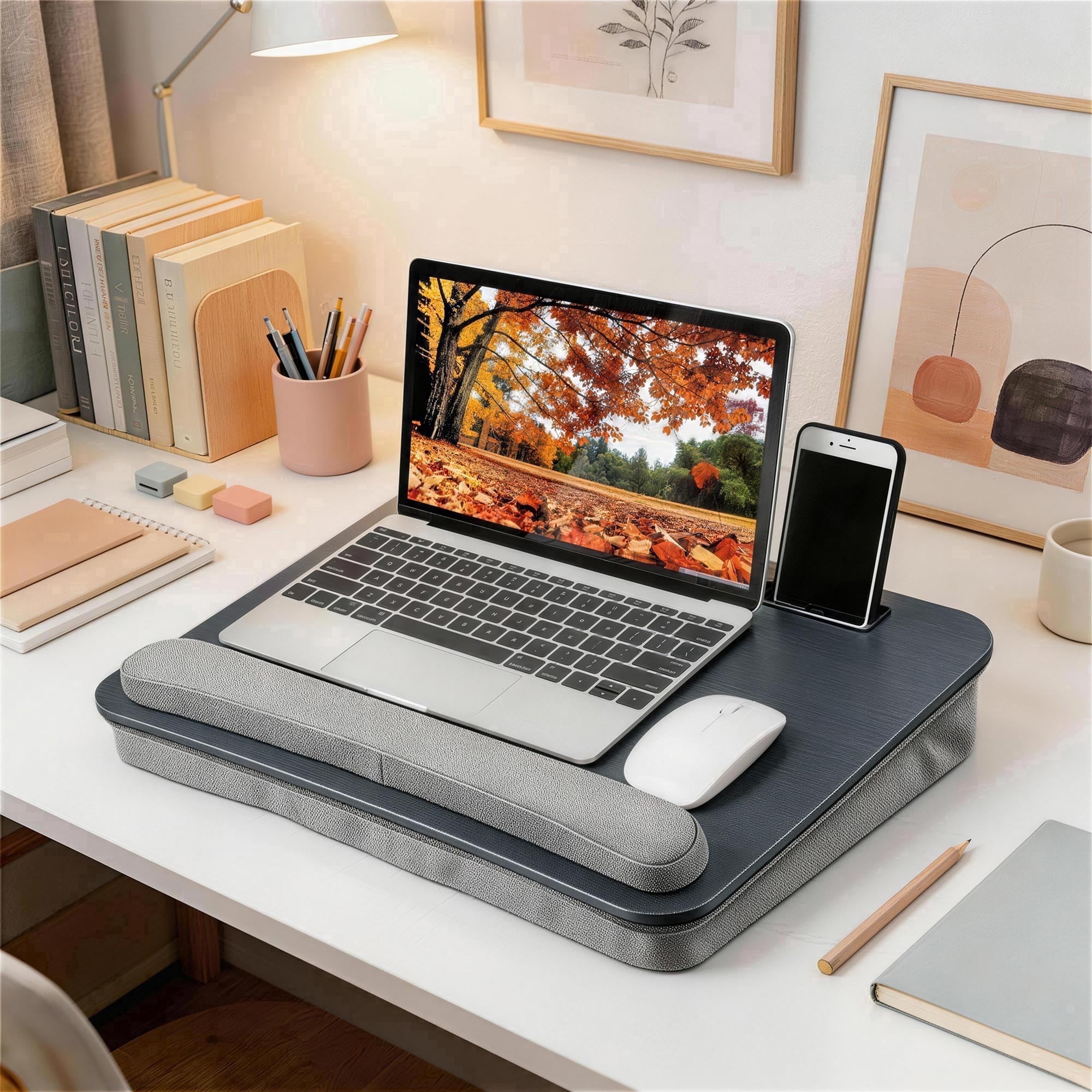Coliware Lap Desk with Pillow Cushion, Portable Laptop Desk with Anti-Slip Strip Wrist Rest & Storage Function Fits Up to 15.6” Laptops, Laptop Stand for Home Office, Black Book Tablet