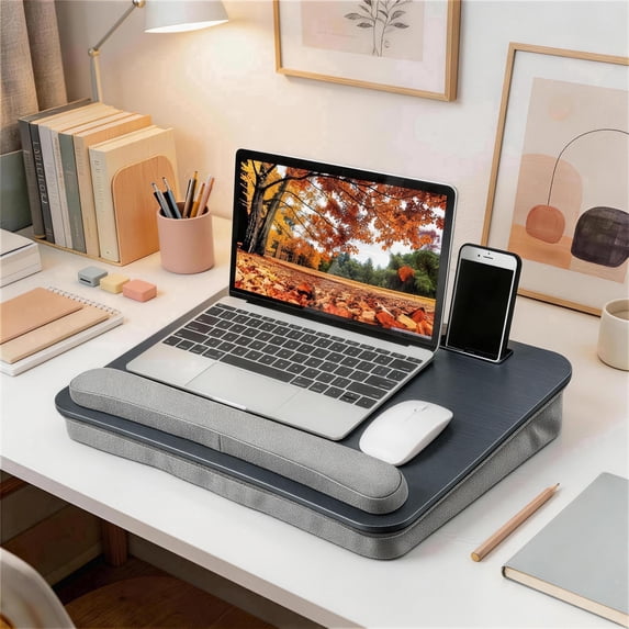 Coliware Lap Desk with Pillow Cushion, Portable Laptop Desk with Anti-Slip Strip Wrist Rest & Storage Function Fits Up to 15.6” Laptops, Laptop Stand for Home Office, Black Book Tablet