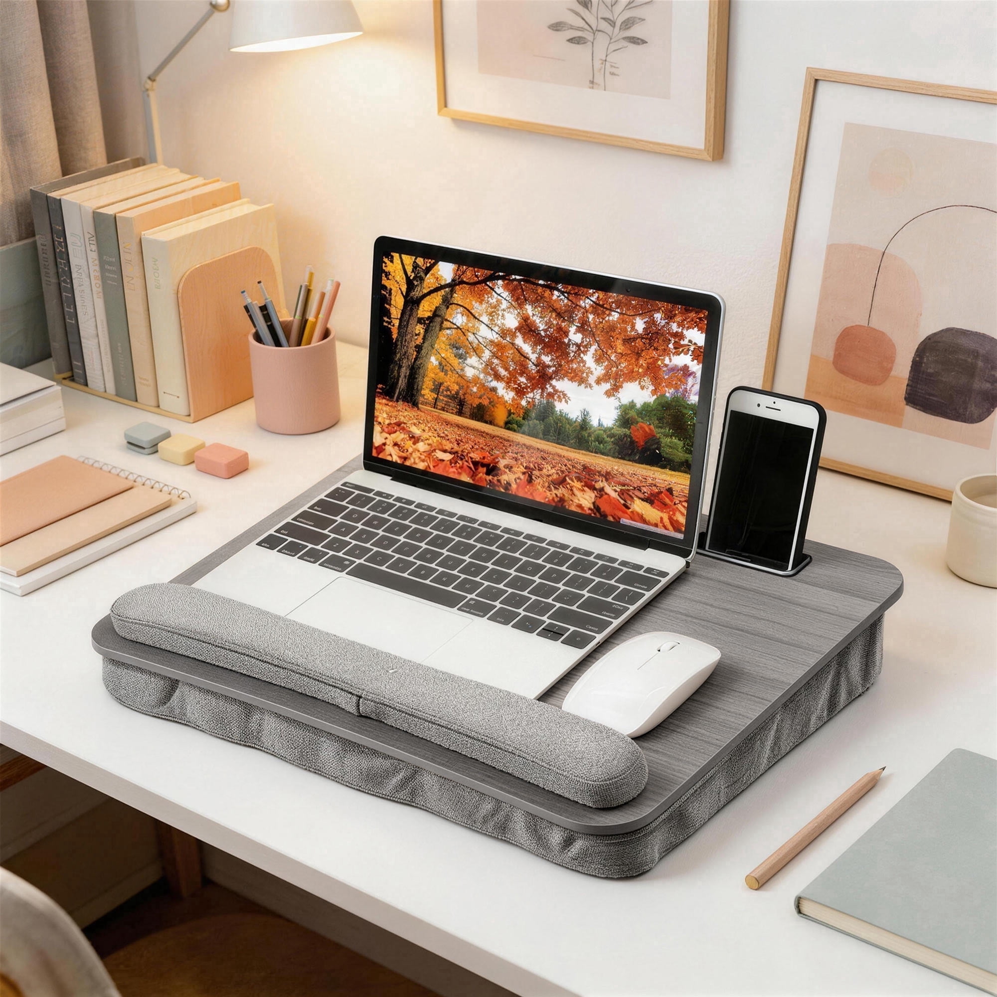 Coliware Lap Desk with Pillow Cushion, Portable Laptop Desk with Anti-Slip Strip Wrist Rest & Storage Function Fits Up to 15.6” Laptops, Laptop Stand for Home Office, Gray Book Tablet