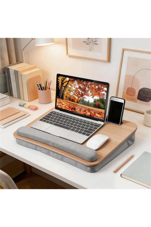 Lap Desk with Pillow Cushion, Portable Laptop Desk with Anti-Slip Strip Wrist Rest & Storage Function Fits Up to 15.6” Laptops, Laptop Stand for Home Office, Wood Grain Book Tablet