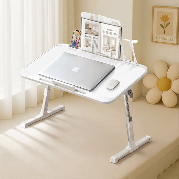 Coliware Laptop Desk for Bed, Adjustable Table Stand with Moveable Book Stand USB Ports Holder Slots, Foldable Bed Sofa Tray Table for Reading Writing Eating, Portable Workspace Organizer - White