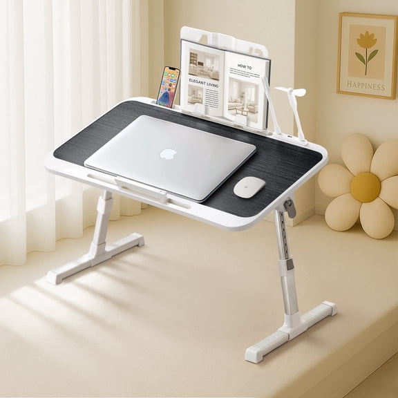 Coliware Laptop Desk for Bed, Adjustable Table Stand with Moveable Book Stand USB Ports Holder Slots, Foldable Bed Sofa Tray Table for Reading Writing, Portable Workspace Organizer - Black