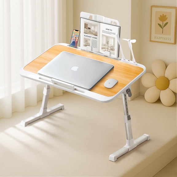 Coliware Laptop Desk for Bed, Adjustable Table Stand with Moveable Book Stand USB Ports Holder Slots, Foldable Bed Sofa Tray Table for Reading Writing, Portable Workspace Organizer - Walnut