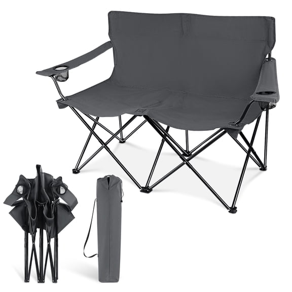 Coliware Oversized Foldable Camping Chair, Double Seat Folding Camp Compact Chair for 2 Persons with Storage Bag, Portable & Large for Outdoor Fishing Hiking Travel Picnic Beach Lawn Patio - Grey
