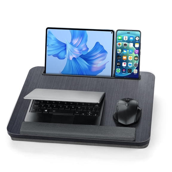 Coliware Portable Lap Desk, 15.7 Laptop Desk with Dual Cushion Wrist Pad Pad Phone Tablet Holder, Computer Pillow Desk Stand for Home Office, Wood Bed Tray Table - Black