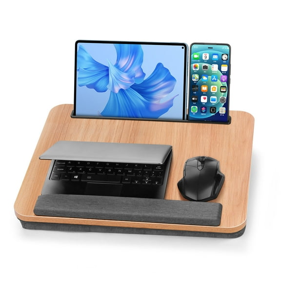 Coliware Portable Lap Desk, 15.7 Laptop Desk with Dual Cushion Wrist Pad Pad Phone Tablet Holder, Computer Pillow Desk Stand for Home Office, Wood Bed Tray Table - Walnut