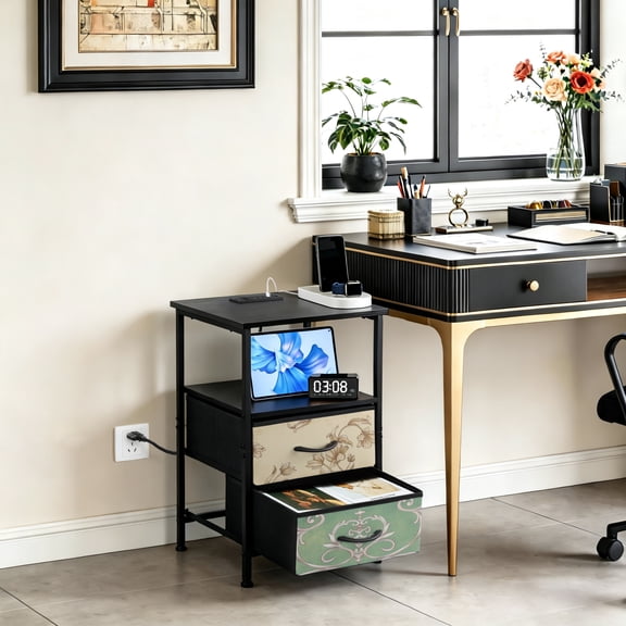 Coliware Rustic File Cabinet with Charging Station, Wood Printer Stand with 2 Drawers Open Storage Shelves USB Ports Outlets, Filing Organization Fits A4 Letter Size,Office Furniture for Under D