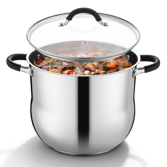 Coliware Stainless Steel 12-Quart Stock Pot with Glass Lid, Food-Grade Induction Soup Pot with Tri-Ply Bottom & Dual Heatproof Handles, Cookware Compatible with All Stoves for Pasta, Dishwasher Safe