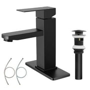 Coliware Stainless Steel Black Bathroom Faucet with Sink Pop Up Drain, Matte Black Vanity RV Lavatory Faucet with Single Handle for Sink 1 or 3 Holes