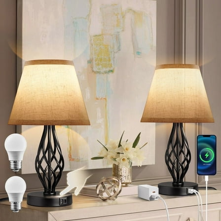 Coliware Touch Control Table Lamp Set of 2, 3-Way Dimmable Nightstand Lamps with Touch Control USB Charging Port, Retro Fabric Tapered Drum Shade Bedside Lamps for Bedroom Living Room