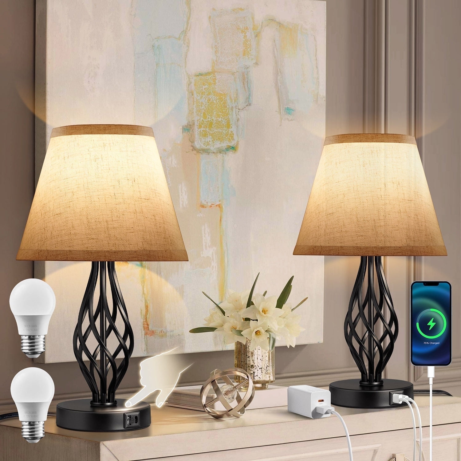 Coliware Touch Control Table Lamp Set of 2, 3-Way Dimmable Nightstand Lamps with Touch Control USB Charging Port, Retro Fabric Tapered Drum Shade Bedside Lamps for Bedroom Living Room