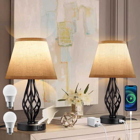 Coliware Touch Control Table Lamp Set of 2, 3-Way Dimmable Nightstand Lamps with Touch Control USB Charging Port, Retro Tapered Drum Shade Bedside Lamps for Bedroom Living Room