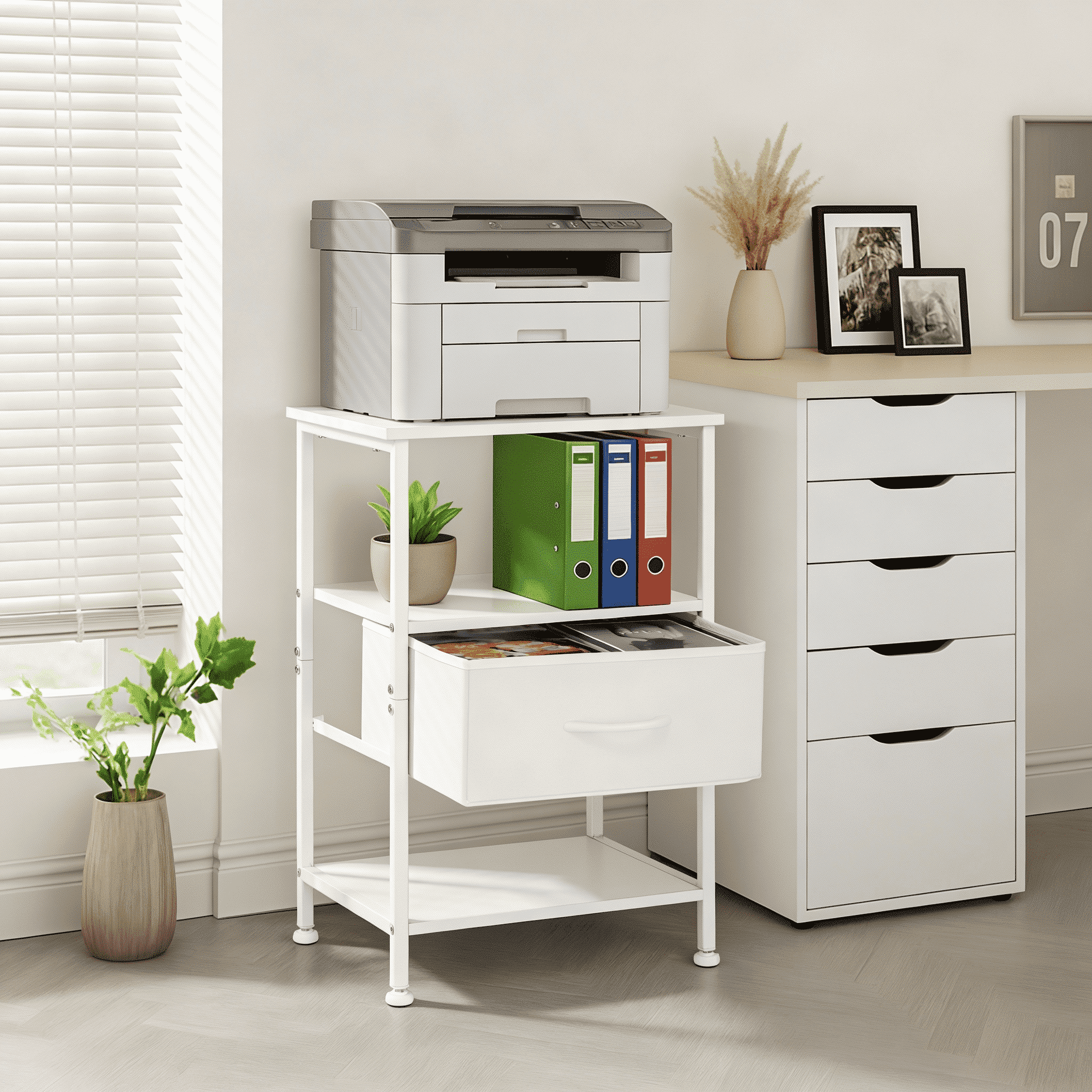 Coliware File Cabinet, Modern Wood Filing Organizer Table with Drawer, Desk Table Cabinet Fits A4 Letter Size, Home Office Furniture for Under Desk Storage, White Printer Stand Table